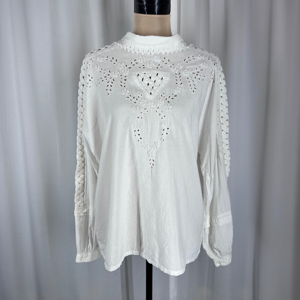 Jack Winter Vintage White Eyelet Beaded Blouse Victorian Mock Neck Top‎ 14 - Picture 2 of 16